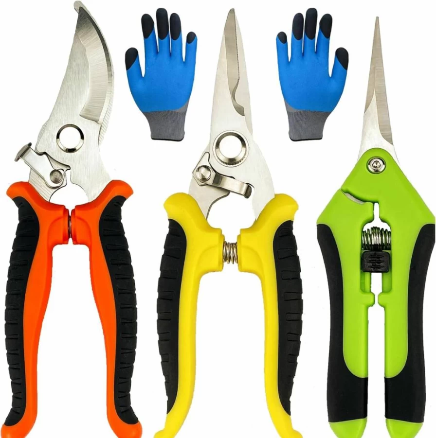 Lengnoyp 4-Pack Stainless Steel Pruning Shears with Gardening Gloves – Handheld Garden Clippers and Snips for Professional Gardening