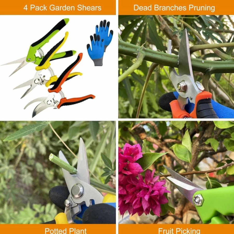 Lengnoyp 4-Pack Stainless Steel Pruning Shears with Gardening Gloves – Handheld Garden Clippers and Snips for Professional Gardening
