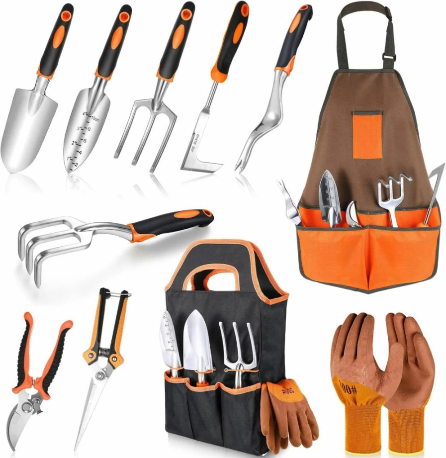 Threlaco 11-Piece Heavy Duty Aluminum Alloy Garden Tool Set with Ergonomic Handles, Durable Gardening Kit Includes Apron & Storage Tote Bag - Ideal Gift for Men & Women (Orange)