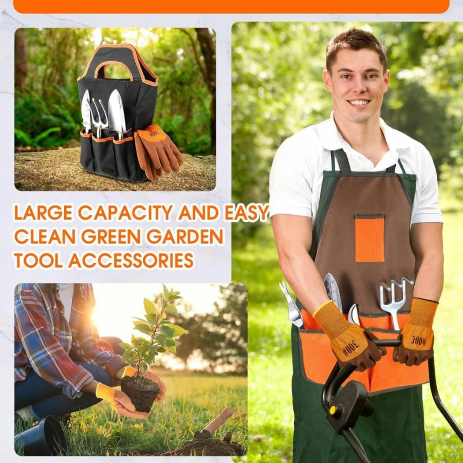 Threlaco 11-Piece Heavy Duty Aluminum Alloy Garden Tool Set with Ergonomic Handles, Durable Gardening Kit Includes Apron & Storage Tote Bag - Ideal Gift for Men & Women (Orange)