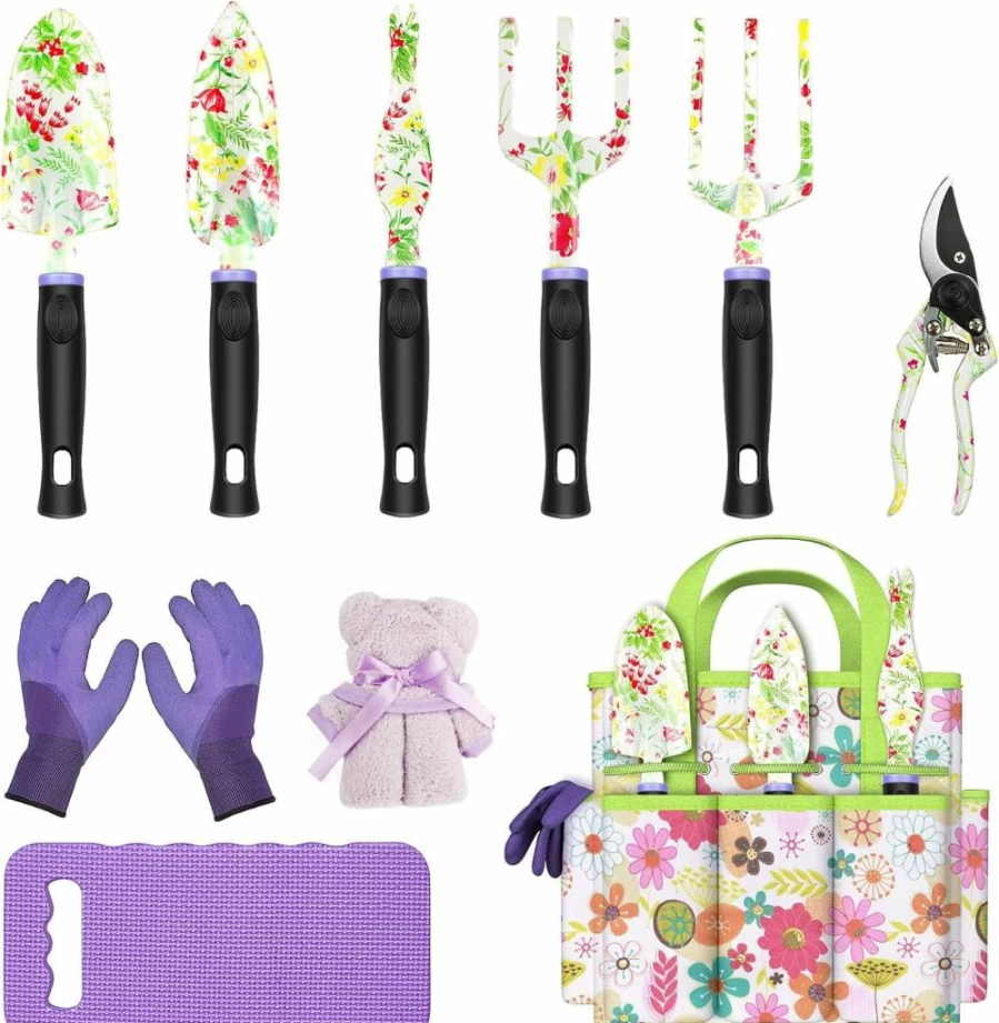 JUMPHIGH 10-Piece Heavy Duty Aluminum Garden Tool Set with Non-Slip Rubber Handles, Kneeling Pad, Gloves & Storage Tote – Ideal Gardening Gifts for Women