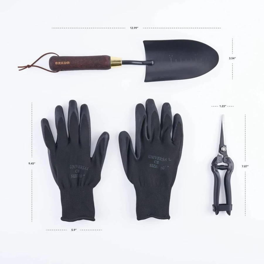 SEEDR GARDEN WORKS 3-Piece Stainless Steel Indoor Gardening Tool Set - Pruning Shears, Trowel, Gloves for Plant Care