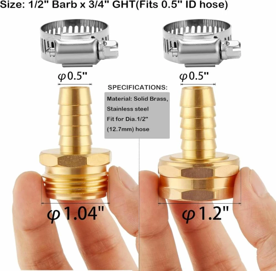 BILAL 2-Pack Brass Garden Hose Repair Connector Kit with Clamps - 1/2" to 3/4" GHT Adapter, Heavy-Duty Water Hose Fittings for Leak-Free Irrigation & Outdoor Plumbing