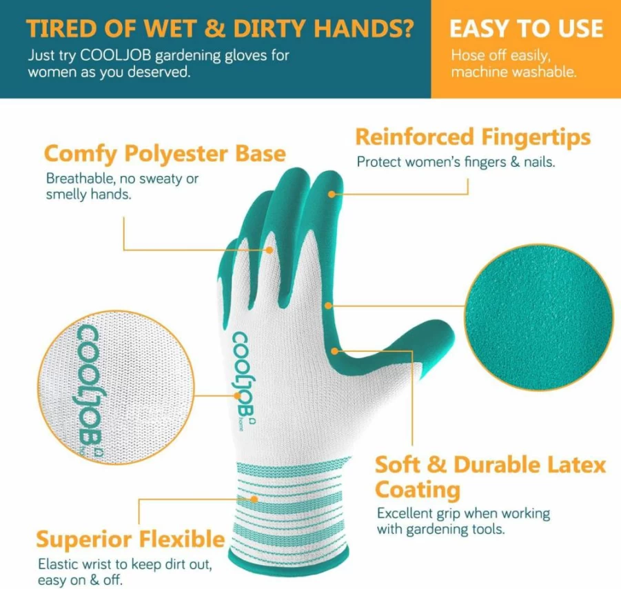 COOLJOB Women's Gardening Gloves - 2 Pairs Breathable Rubber Coated, Medium Size (Red & Green) for Outdoor Yard Work, Indoor Planting with Secure Grip