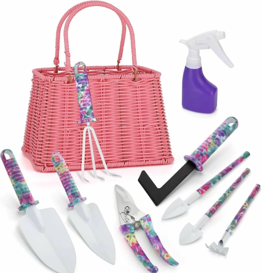 Biubee Pink Gardening Tools Set for Women - 5-Piece Garden Kit with Trowel, Pruning Shears, Weeding Knife, Hand Rake & Woven Basket, Ideal Gift for Mom Grandma Birthday, Mothers Day, Gardeners