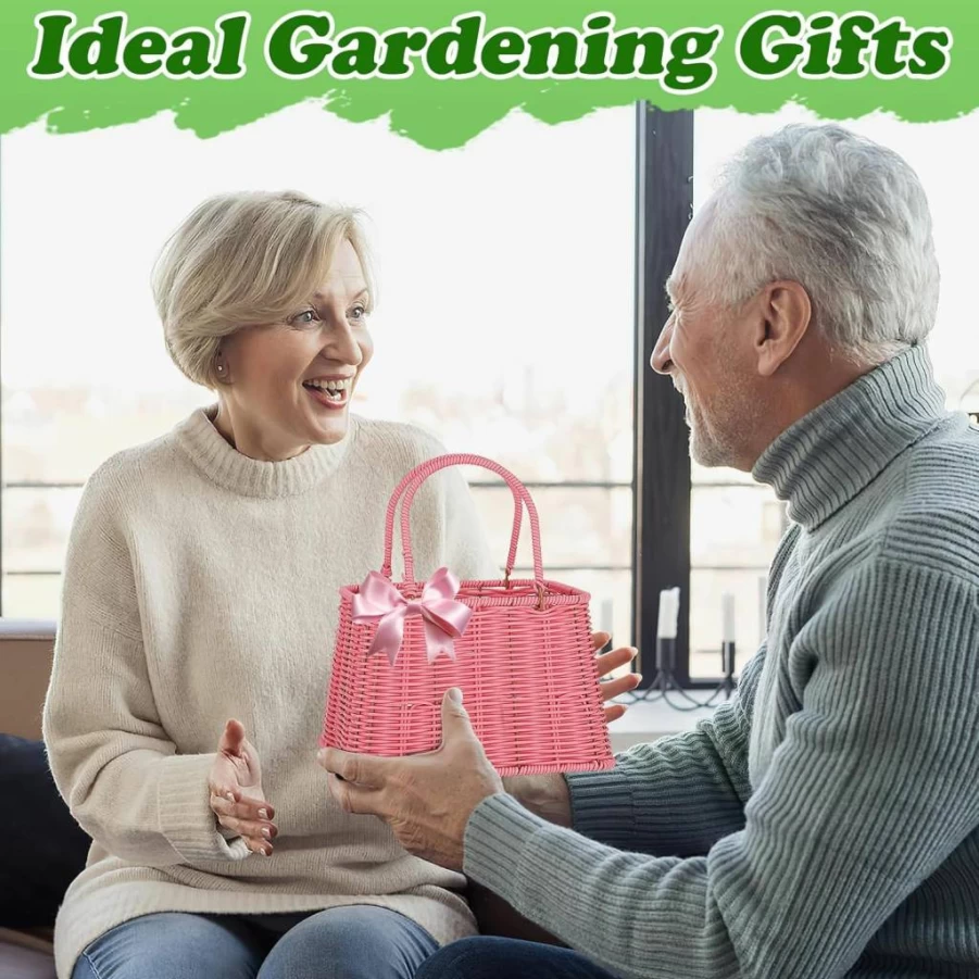 Biubee Pink Gardening Tools Set for Women - 5-Piece Garden Kit with Trowel, Pruning Shears, Weeding Knife, Hand Rake & Woven Basket, Ideal Gift for Mom Grandma Birthday, Mothers Day, Gardeners