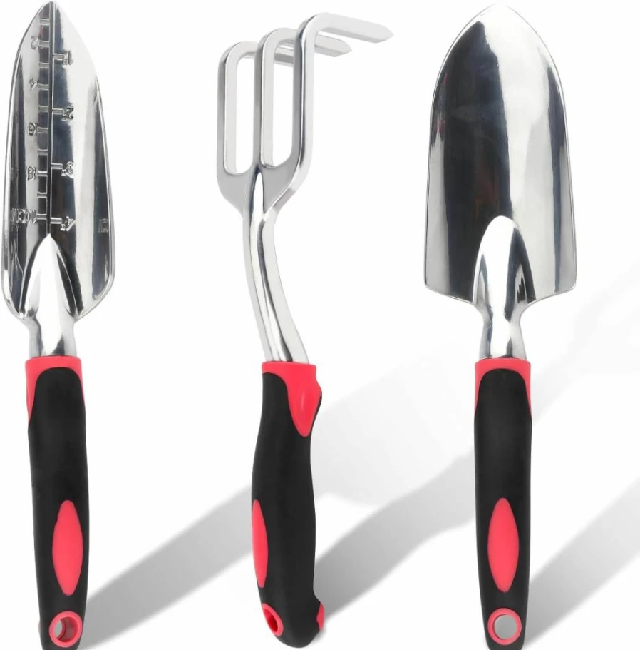 Clatoon 3Pcs Heavy Duty Aluminum Garden Tool Set with Ergonomic Non-Slip Handle - Hand Trowel, Transplant Trowel, Cultivator Rake for Planting, Digging, Weeding