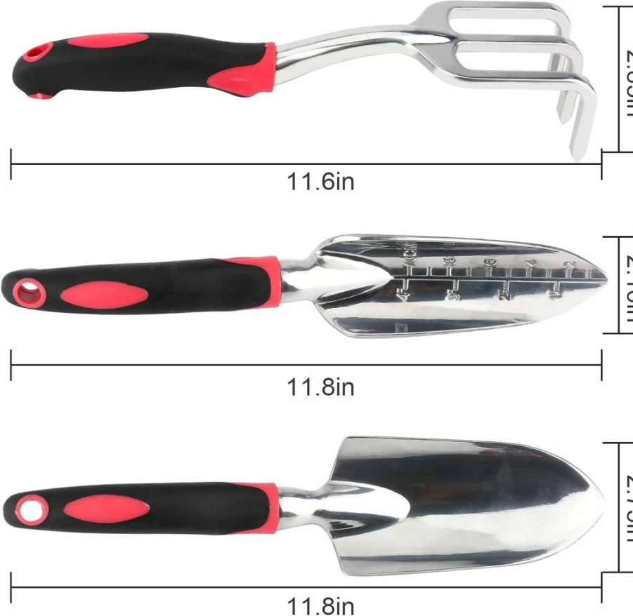 Clatoon 3Pcs Heavy Duty Aluminum Garden Tool Set with Ergonomic Non-Slip Handle - Hand Trowel, Transplant Trowel, Cultivator Rake for Planting, Digging, Weeding