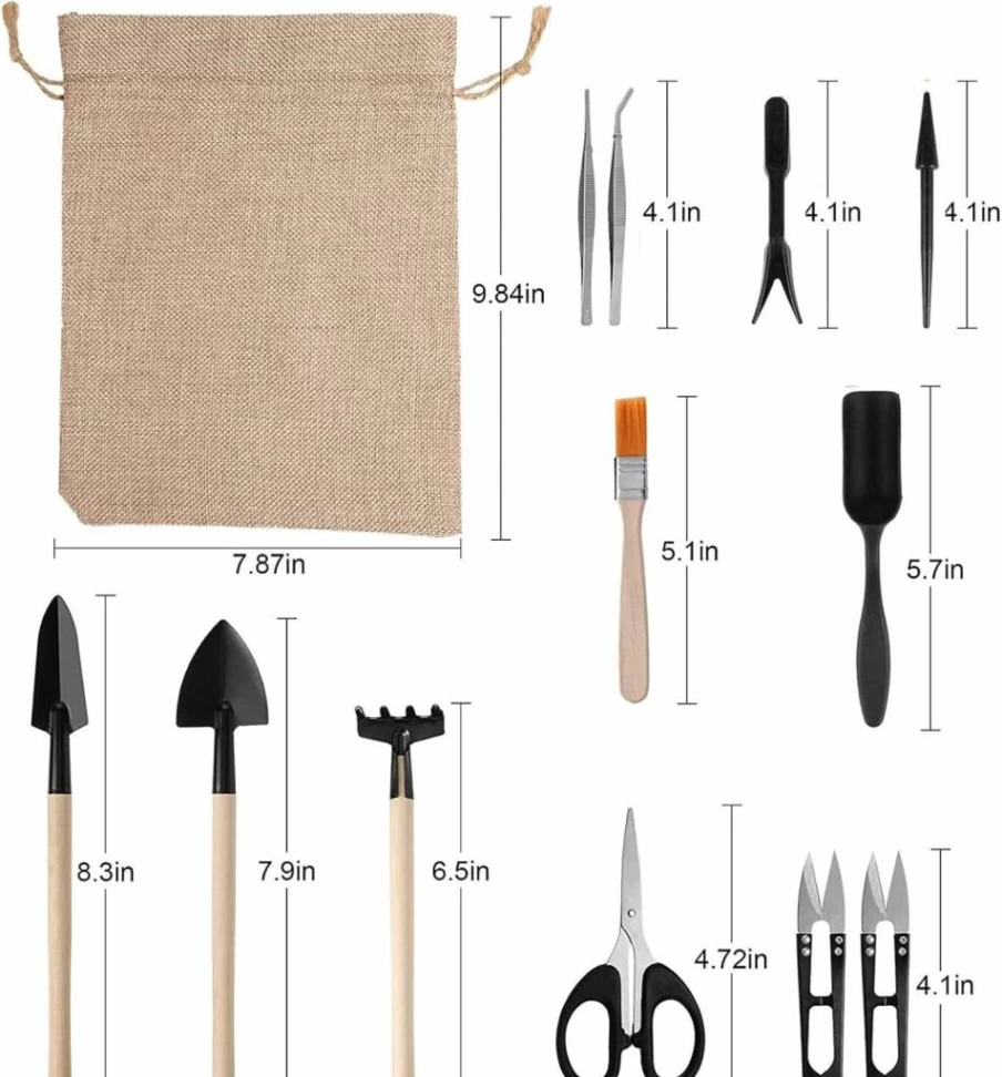 PhantomSky 12-Piece Bonsai Tools Set with Trimming Scissors, Shovels, Rake, and Storage Bag for Gardening, Succulent, and Tree Care