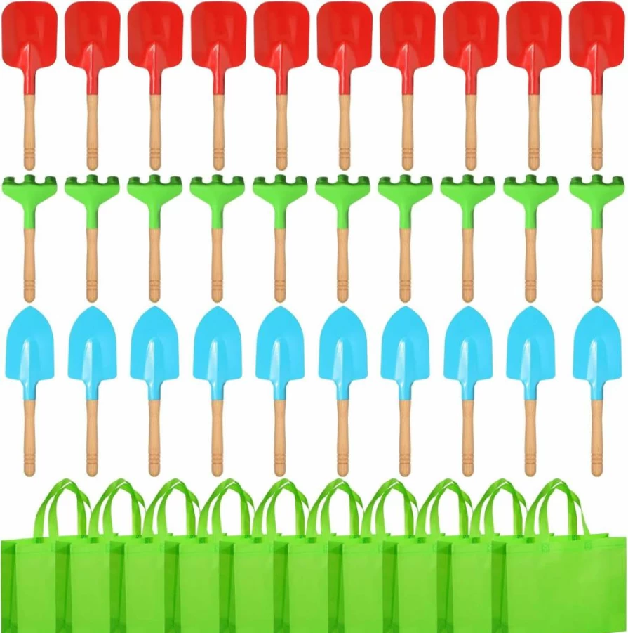 Liliful 40-Piece Kids Gardening Kit with Metal Rake, Shovel, Trowel & Tote Bags - Wooden Handle Sandbox Toys for Planting, Digging & Outdoor Play
