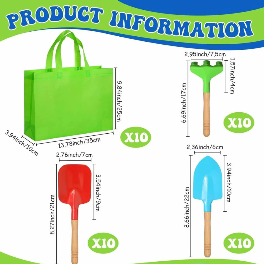 Liliful 40-Piece Kids Gardening Kit with Metal Rake, Shovel, Trowel & Tote Bags - Wooden Handle Sandbox Toys for Planting, Digging & Outdoor Play