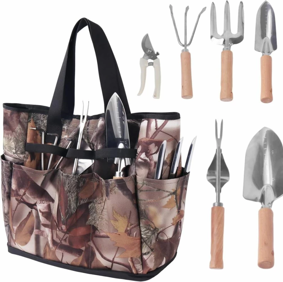 OCTBERSIEG 7-Piece Floral Gardening Tool Set for Women with Leaf Camouflage Design - Includes Trowel, Weeder Fork, Hand Rake, Pruning Shears, Cultivator, Transplanter & Durable Garden Tool Bag