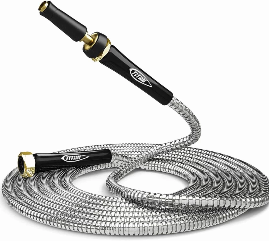 Titan 25Ft Stainless Steel Garden Hose - Flexible, Kink-Free, Lightweight, Durable Metal Water Hose with Crush Resistant Fittings, 500 PSI, Easy to Coil for Outdoor Use