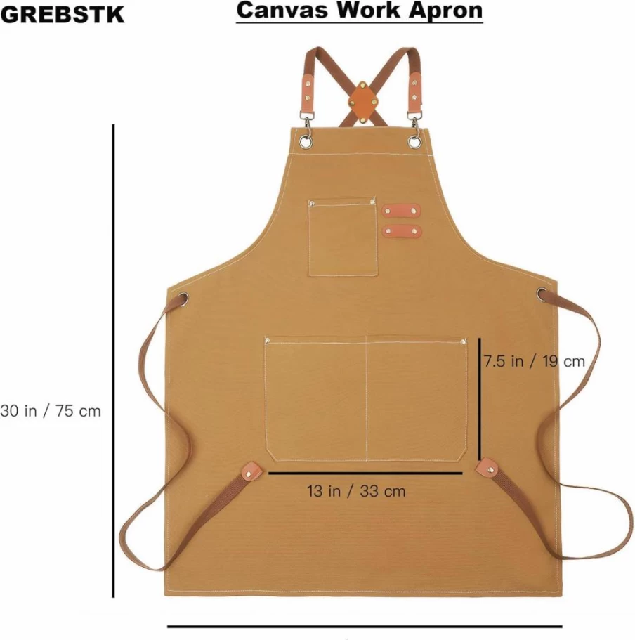 GREBSTK Heavy Duty Cross Back Tool Apron for Woodworking, Gardening, Cooking - Adjustable Canvas Work Apron with Pockets