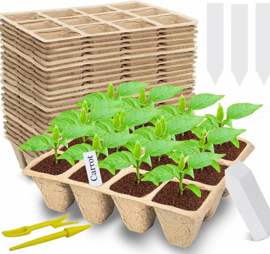 Doubleggs 120 Cells Biodegradable Seed Starter Tray Kit - 10 Pack Peat Pots, 100 Plant Labels, 2 Transplant Tools for Organic Seed Germination & Gardening