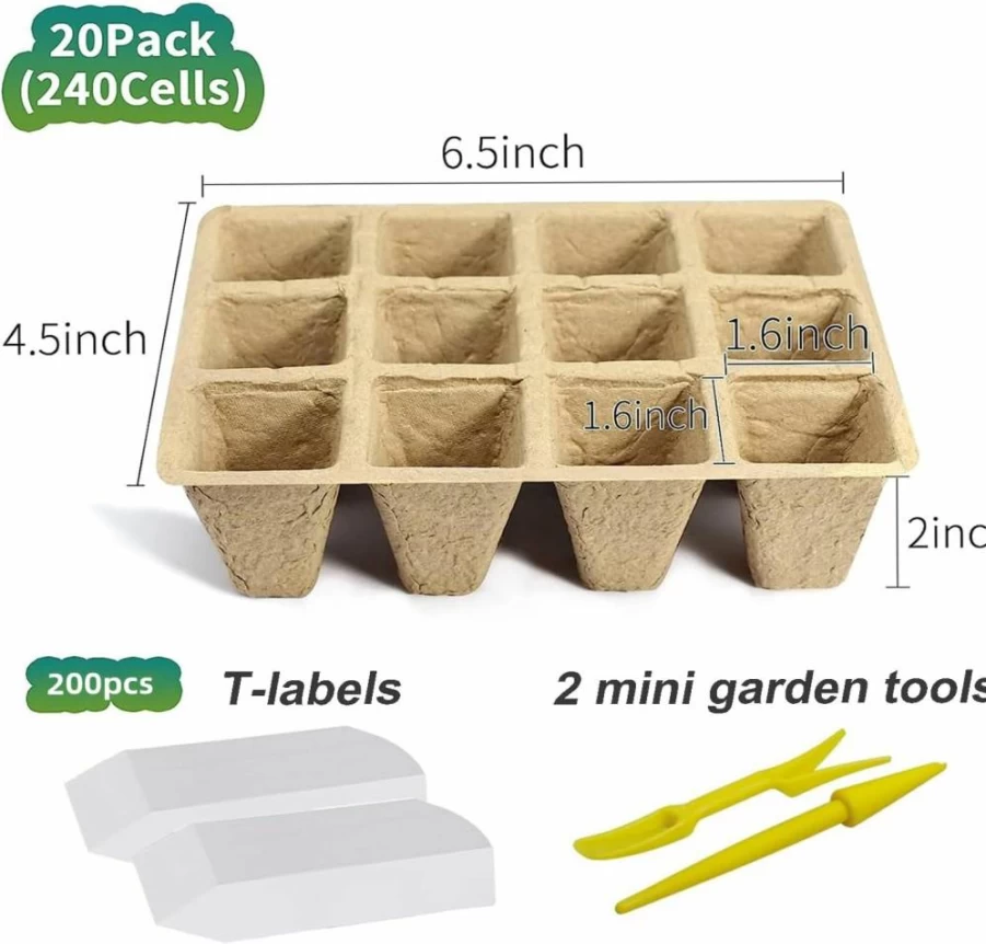 Doubleggs 120 Cells Biodegradable Seed Starter Tray Kit - 10 Pack Peat Pots, 100 Plant Labels, 2 Transplant Tools for Organic Seed Germination & Gardening