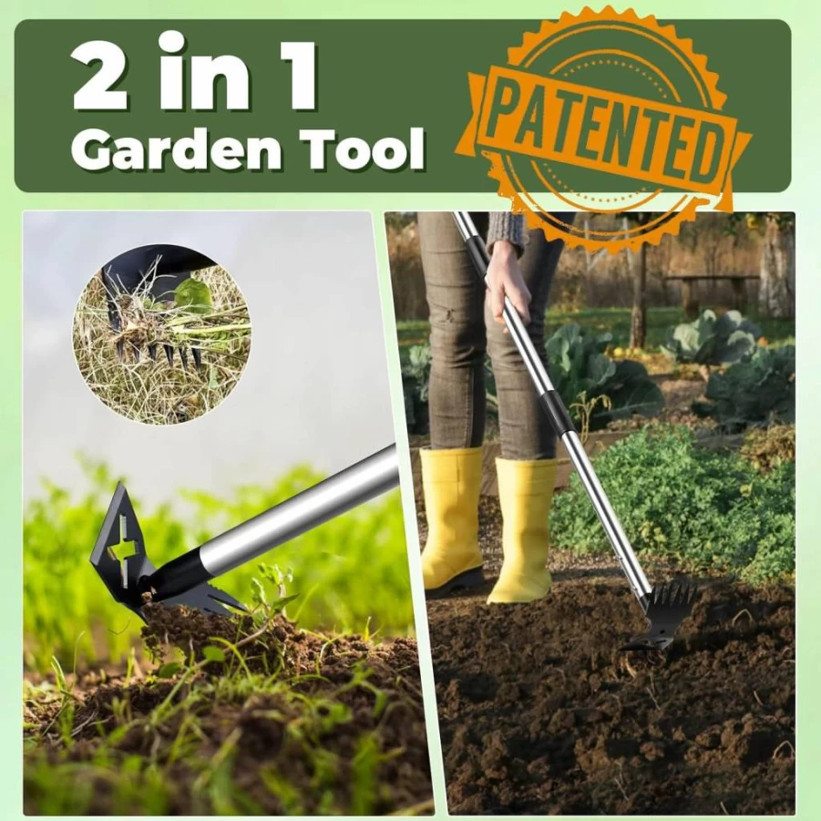 NICOFPHY 60" Heavy Duty Weed Puller Tool - 2-in-1 Manual Garden Weeder & Hoe for Lawn, Yard, Patio - Long Handle Uprooting Tool for Easy Weed Removal