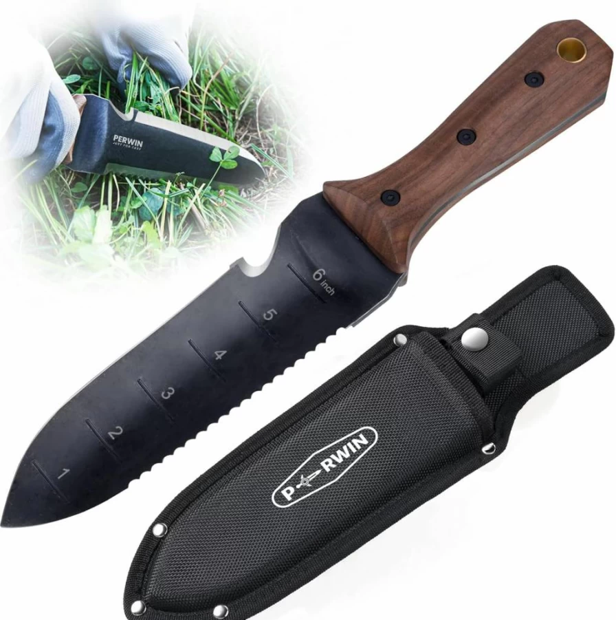 PERWIN 7" Hori Hori Garden Knife with Sheath, Stainless Steel Weeding Digging Planting Tool, Full-Tang Wood Handle & Hanging Hole