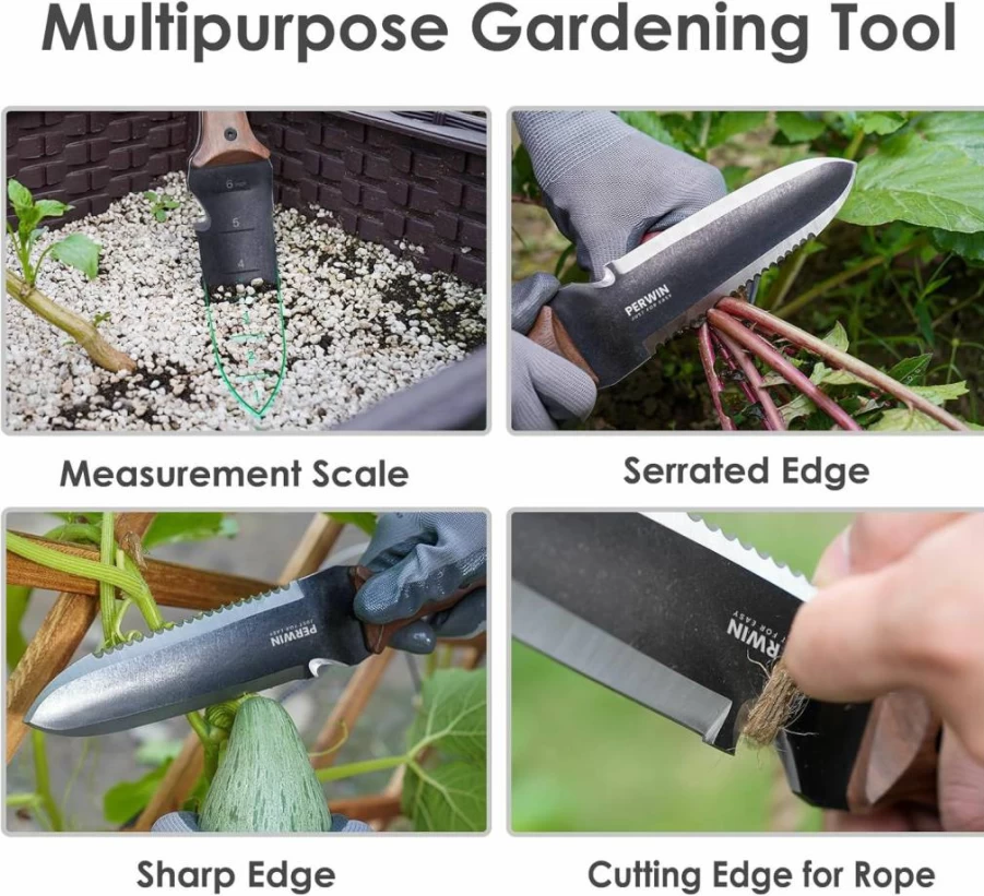 PERWIN 7" Hori Hori Garden Knife with Sheath, Stainless Steel Weeding Digging Planting Tool, Full-Tang Wood Handle & Hanging Hole