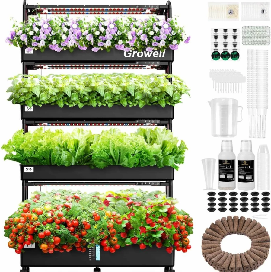 Growell 90-Pod Vertical Hydroponic Garden Kit with LED Grow Light, Auto Water Circulation, 40L Indoor Herb Vegetable Fruit Growing System