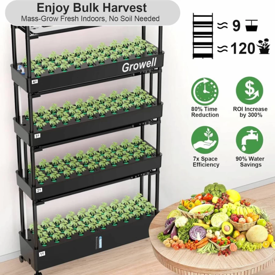 Growell 90-Pod Vertical Hydroponic Garden Kit with LED Grow Light, Auto Water Circulation, 40L Indoor Herb Vegetable Fruit Growing System