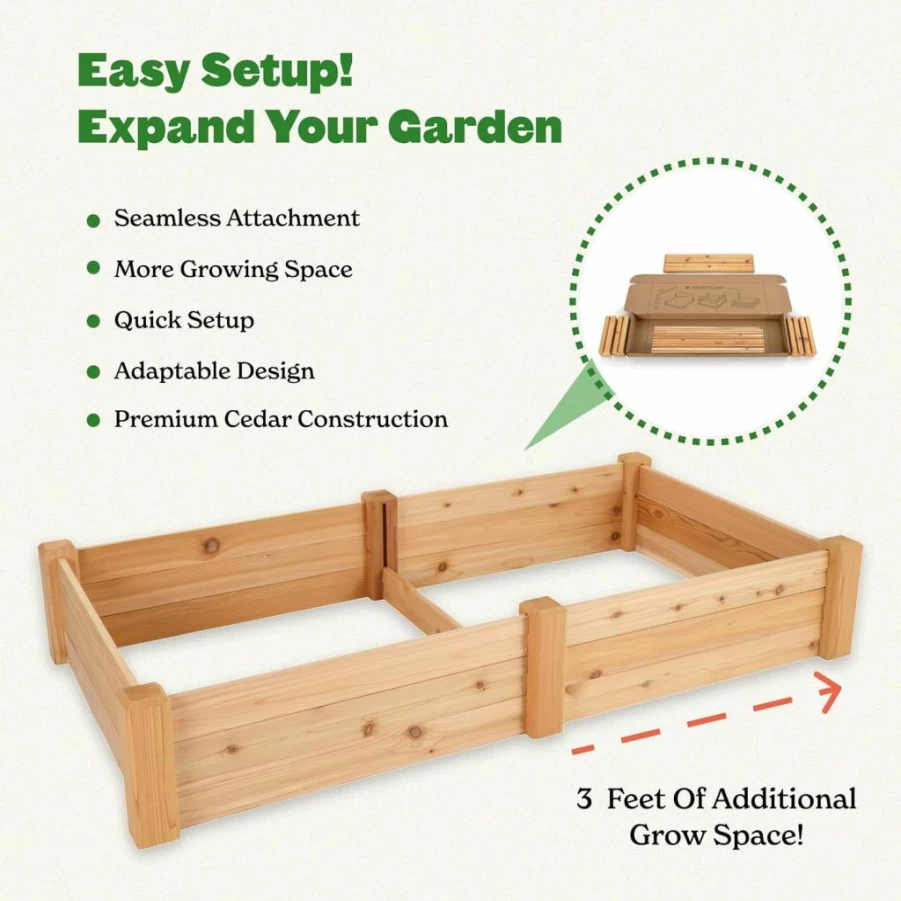 Epic Gardening Cedar Raised Bed Extension Kit - Tool-Free Expandable Garden Bed, 100% Western Red Cedar, Easy 3-Minute Assembly for Double Planting Space