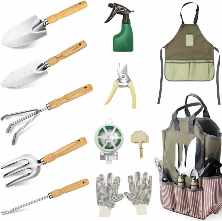 FCVEIDO 12-Piece Stainless Steel Gardening Tools Set with Storage Bag & Apron - Premium Heavy Duty Garden Kit for Men & Women, Outdoor Gift Idea