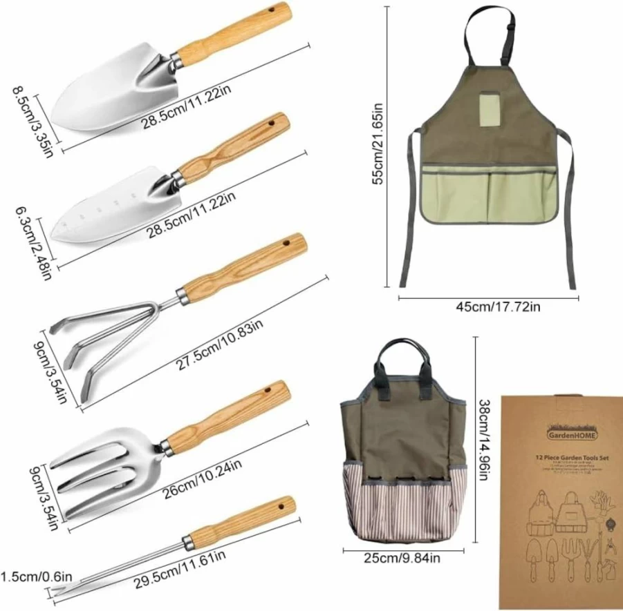 FCVEIDO 12-Piece Stainless Steel Gardening Tools Set with Storage Bag & Apron - Premium Heavy Duty Garden Kit for Men & Women, Outdoor Gift Idea