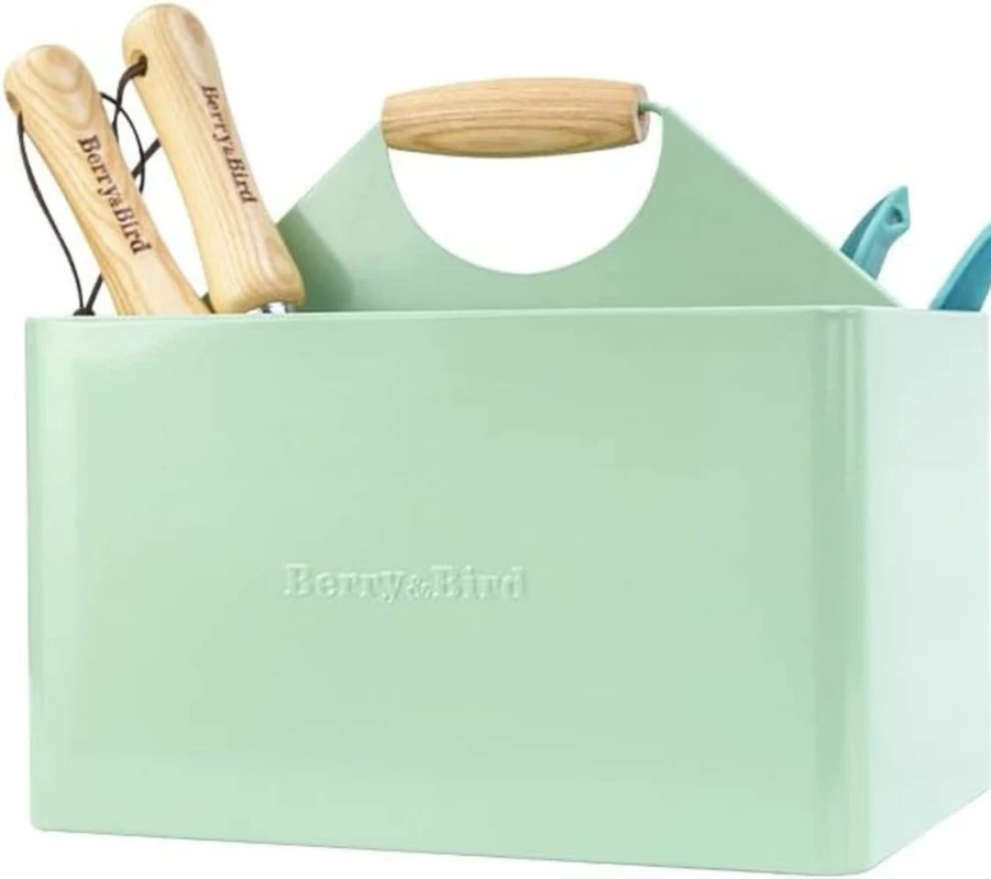 Berry&Bird Metal Garden Tool Organizer with 4 Compartments & Wooden Handle - Indoor Outdoor Gardening Storage Caddy, Perfect Gift for Garden Lovers