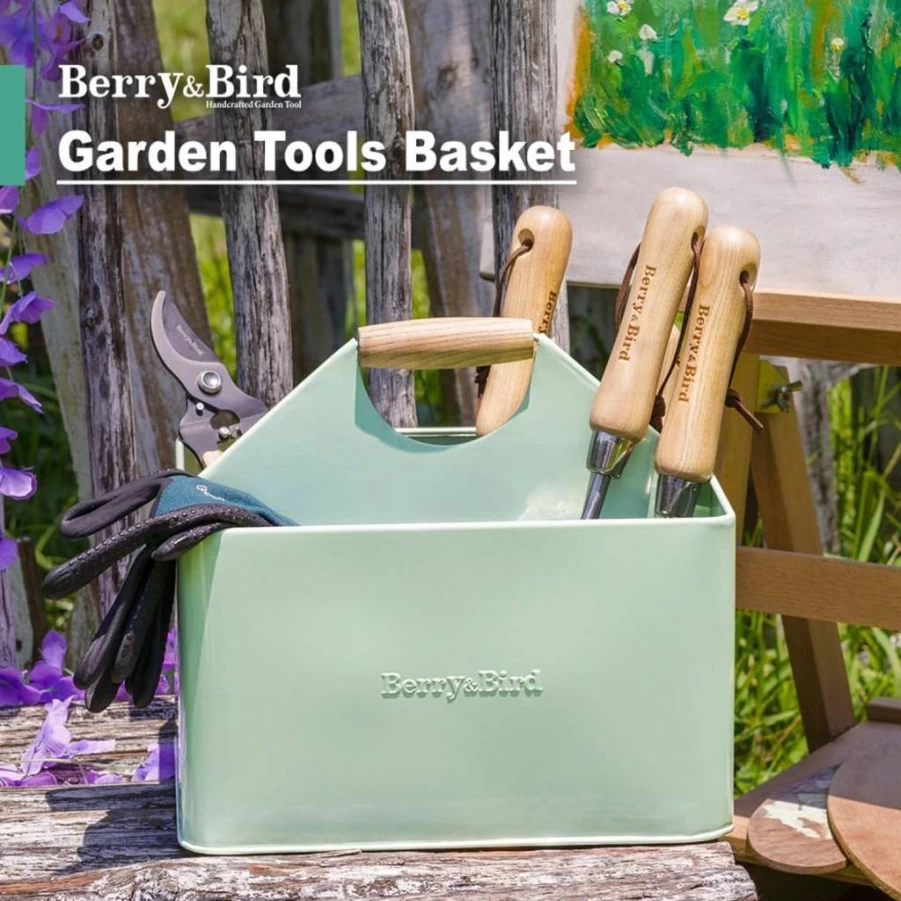 Berry&Bird Metal Garden Tool Organizer with 4 Compartments & Wooden Handle - Indoor Outdoor Gardening Storage Caddy, Perfect Gift for Garden Lovers