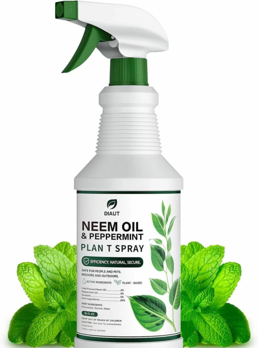 Diaut Neem Oil & Peppermint Spray for Plants - Natural Indoor/Outdoor Plant Protection, Safe for Vegetables, Houseplants & Edible Gardens, 16oz Ready-to-Use Organic Pest Control