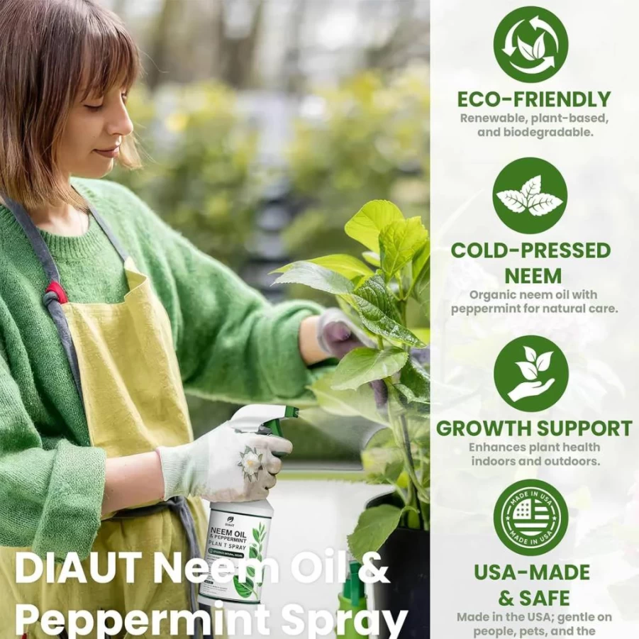 Diaut Neem Oil & Peppermint Spray for Plants - Natural Indoor/Outdoor Plant Protection, Safe for Vegetables, Houseplants & Edible Gardens, 16oz Ready-to-Use Organic Pest Control