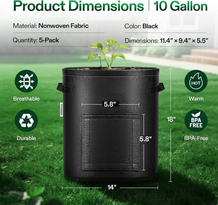 VIVOSUN 7 Gallon Potato Grow Bags 5-Pack, Fabric Plant Pots with Handles and Roll-Up Window for Growing Potatoes, Vegetables, and Plants, Green Gardening Containers