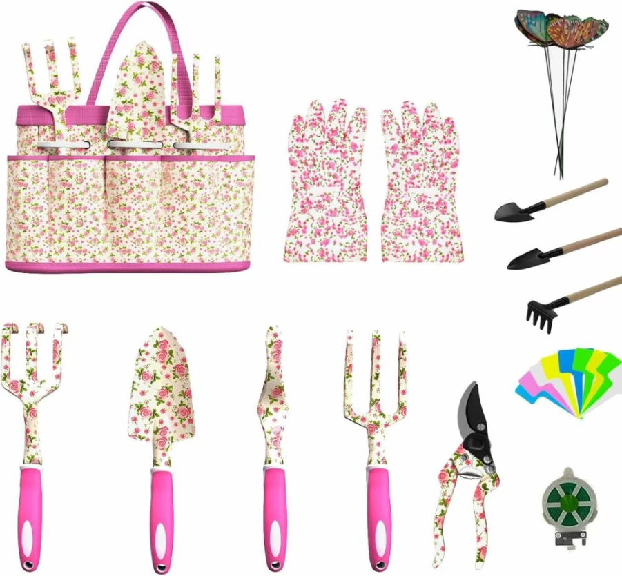 MYMULIKE 26-Piece Gardening Tools Set for Women with Storage Bag, Gloves, Butterfly Decorations & Colorful Plant Tags - Premium Garden Gift Set