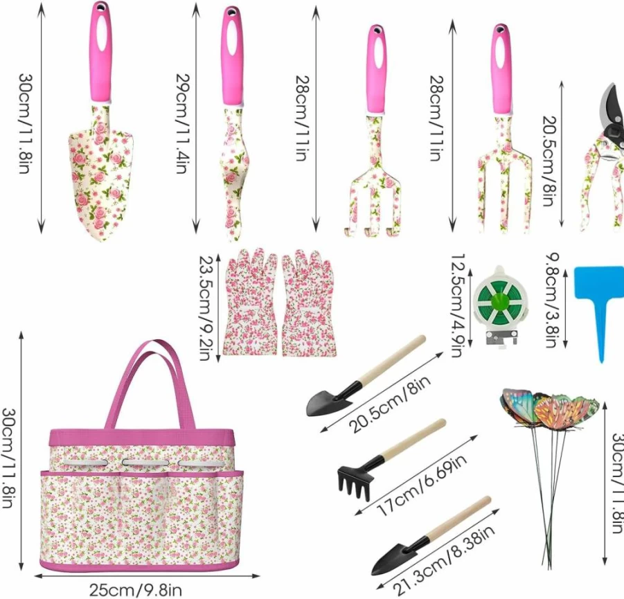 MYMULIKE 26-Piece Gardening Tools Set for Women with Storage Bag, Gloves, Butterfly Decorations & Colorful Plant Tags - Premium Garden Gift Set