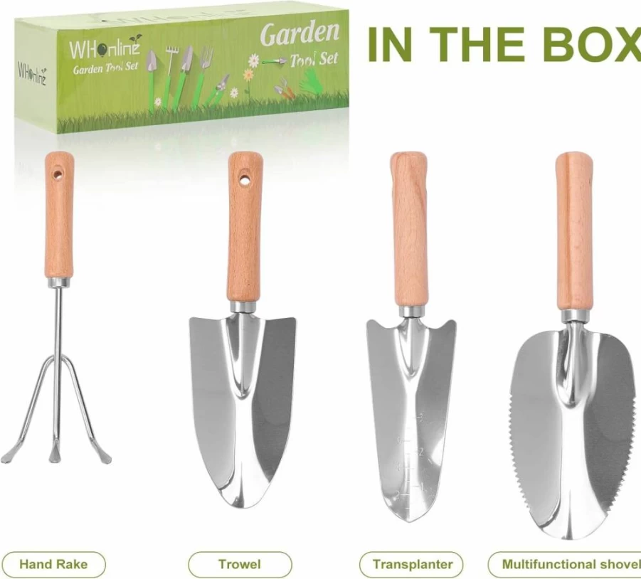 Whonline 4-Piece Gardening Tool Set with Wooden Handle, Stainless Steel Trowel & Hand Fork for Indoor/Outdoor Plants - Ideal Garden Gift Kit