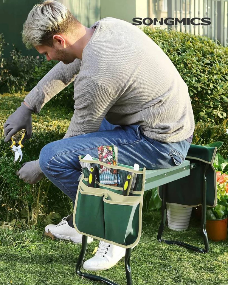 SONGMICS Folding Garden Kneeler and Seat with Tool Bag, 6-Inch Wide Kneeling Pad, Multifunctional Gardening Stool for Women and Men, Dark Green UGGK49L, Outdoor Gardening Gifts