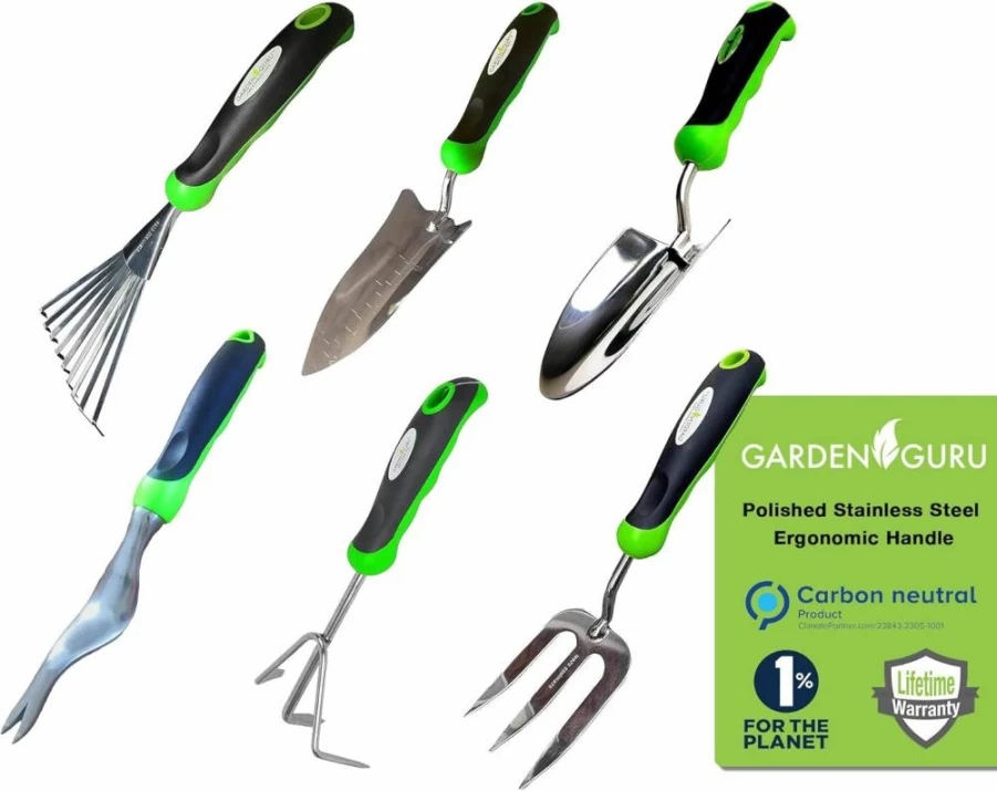 Garden Guru 3-Piece Heavy Duty Gardening Tool Set - Stainless Steel Trowel, Transplanter, Cultivator with Ergonomic Handle, Rust Resistant, Ideal Gift for Gardeners (Men & Women)