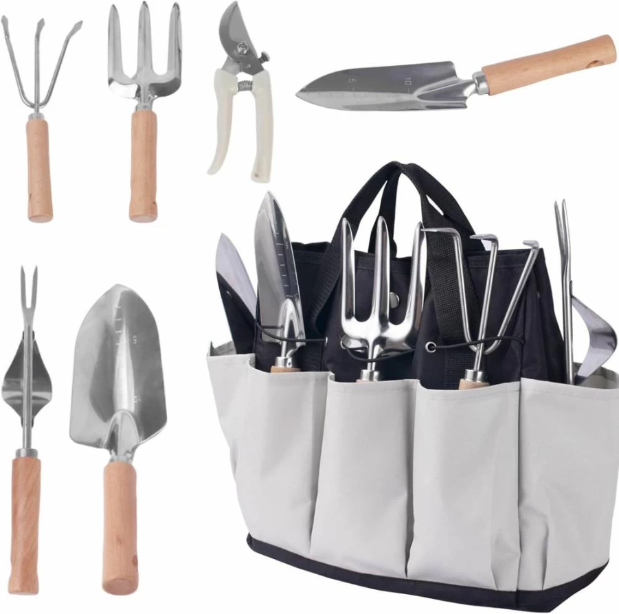 OCTBERSIEG Stainless Steel Garden Tool Set with Large Capacity Tool Bag - Durable Outdoor Gardening Kit for Men & Women, Black Grey Hand Tools for Weeding, Planting, and Landscaping