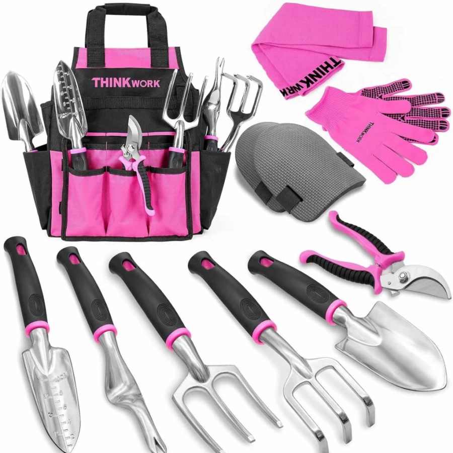 THINKWORK Pink Gardening Tool Set for Women - 11-Piece Kit with Trowel, Transplanter, Rake, Weeder, Cultivator, Pruning Shears & Detachable Storage Bag | Ideal Garden Gift