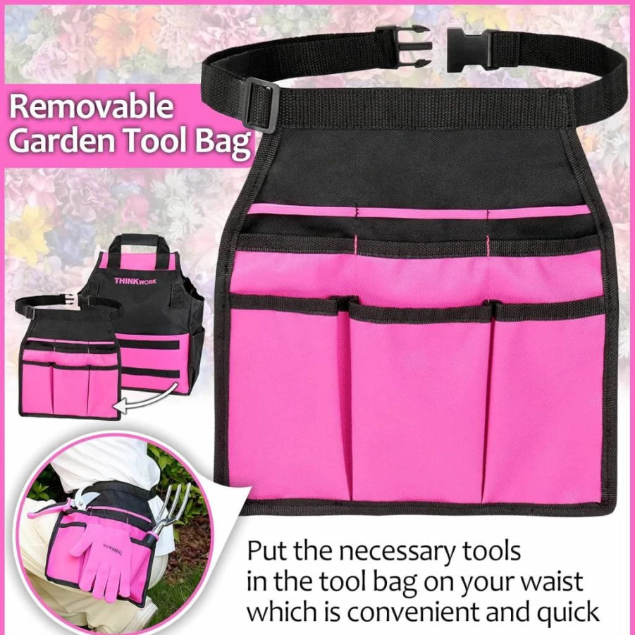 THINKWORK Pink Gardening Tool Set for Women - 11-Piece Kit with Trowel, Transplanter, Rake, Weeder, Cultivator, Pruning Shears & Detachable Storage Bag | Ideal Garden Gift