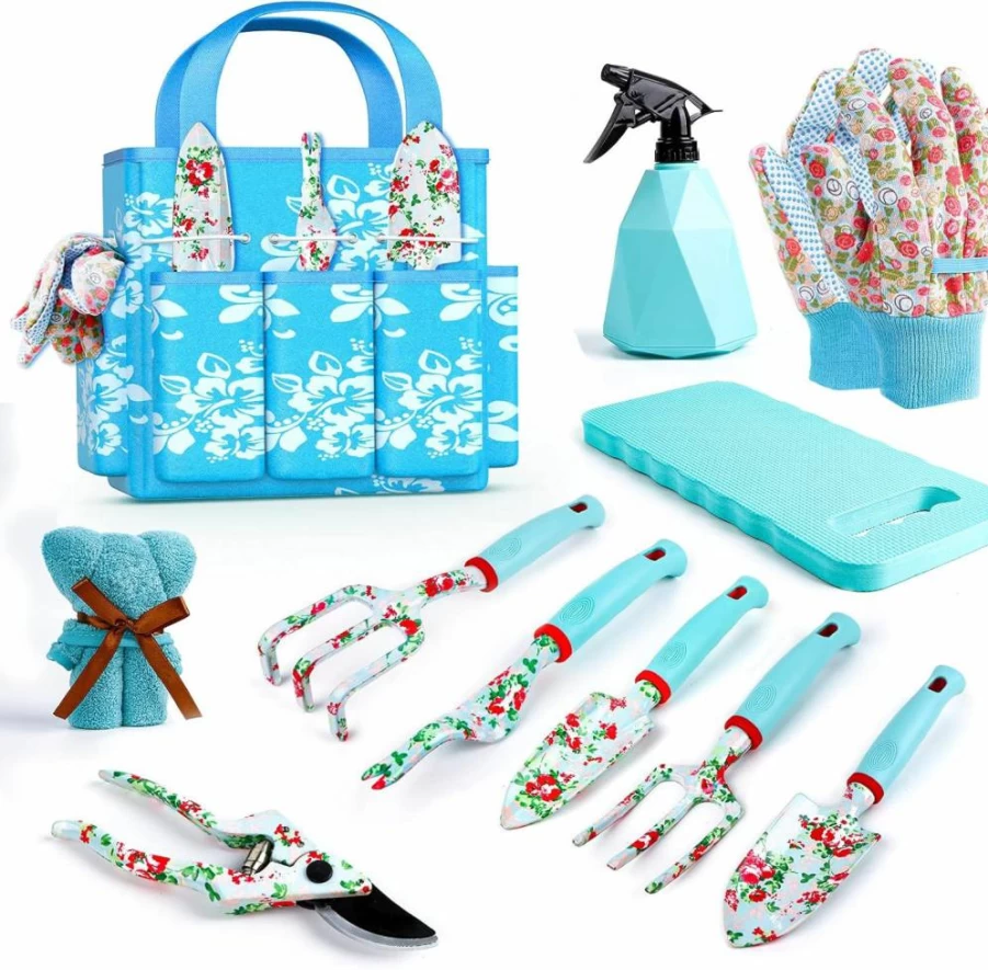 JUMPHIGH 10-Piece Gardening Tools Set with Ergonomic Handles, Durable Trowel, Rake, Weeder, Pruner, Shears, Sprayer, and Carrying Case - Ideal Garden Gift for Women and Men