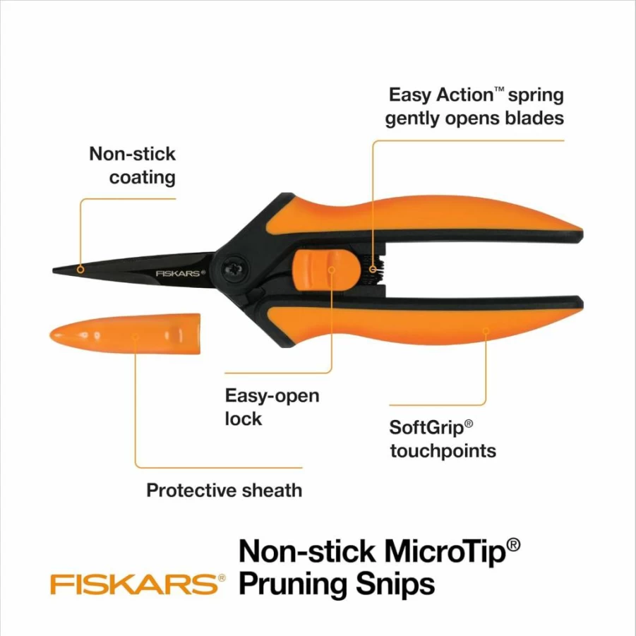 Fiskars 6" Micro-Tip Pruning Snips - Sharp Steel Blade Garden Shears with Sheath & Comfort Grip - Ideal for Plants, Grow Tents, Hydroponics, and Precision Pruning