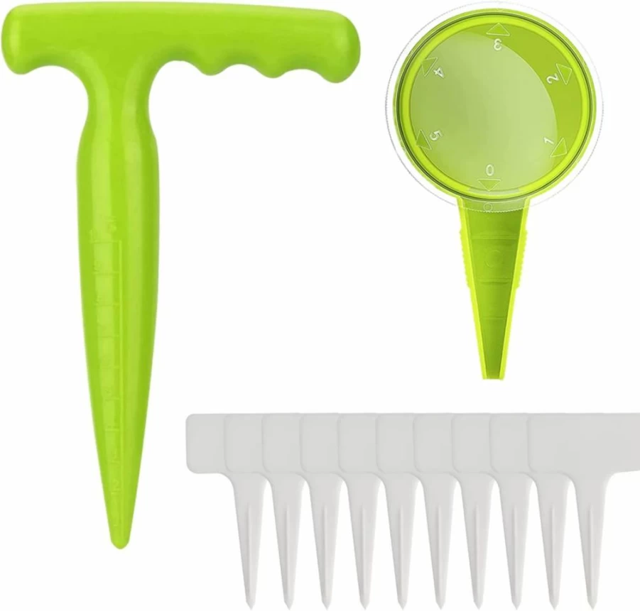 Andiker 12-Piece Gardening Tool Set with Adjustable Seed Planter, Hole Punch, 10 Plant Labels, and Hand Spreader for Planting and Sowing (Green)