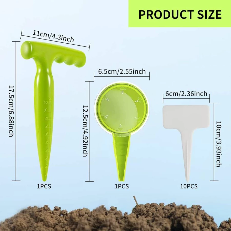 Andiker 12-Piece Gardening Tool Set with Adjustable Seed Planter, Hole Punch, 10 Plant Labels, and Hand Spreader for Planting and Sowing (Green)