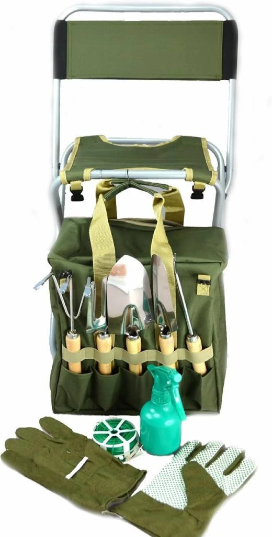 Bo-Toys 10-Piece Gardening Tool Set with Detachable Zippered Tote, Portable Folding Stool Seat & Backrest for Outdoor Planting