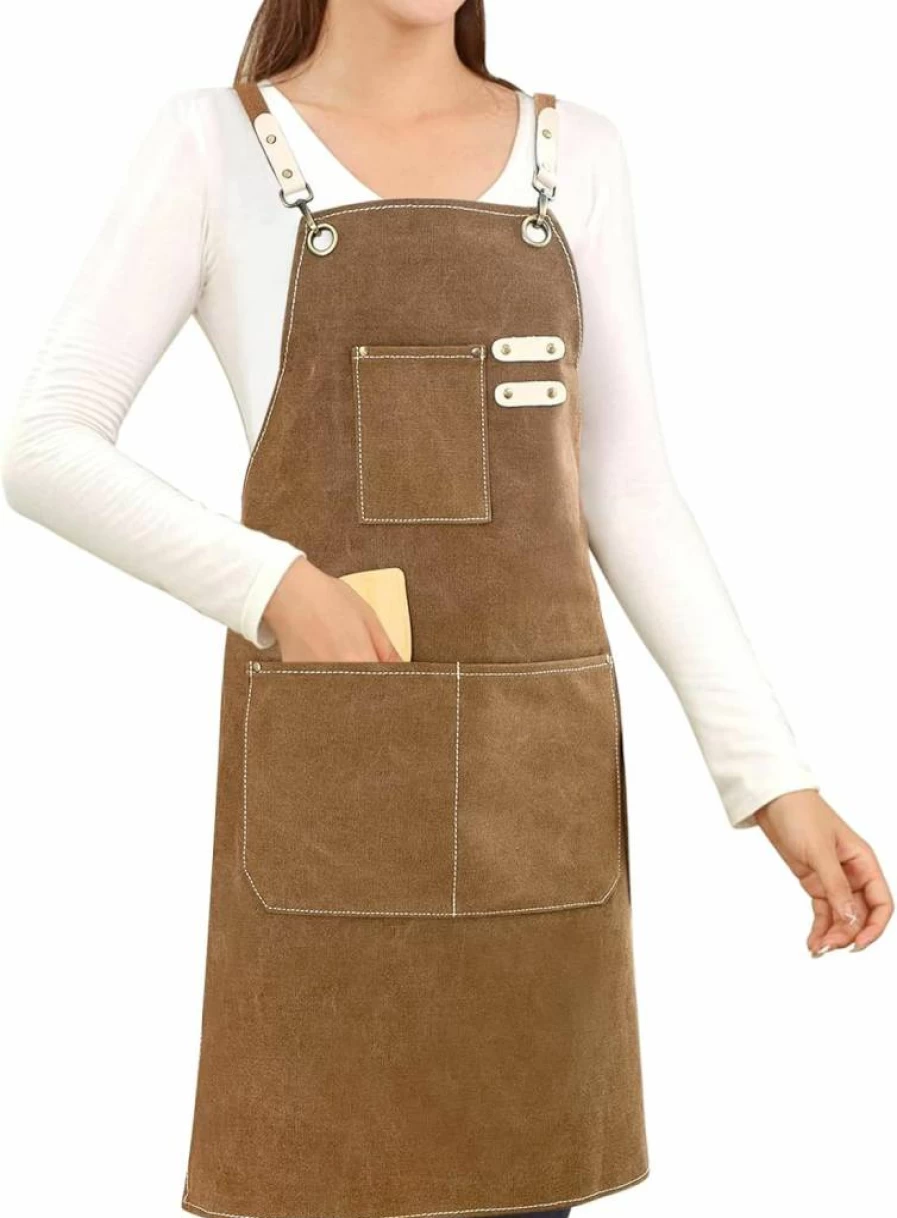 Hongsome Cotton Canvas Crossback Apron for Painting, Gardening, Cooking - Adjustable Waterproof Unisex Apron with 3 Pockets for Men & Women (S-XXL)
