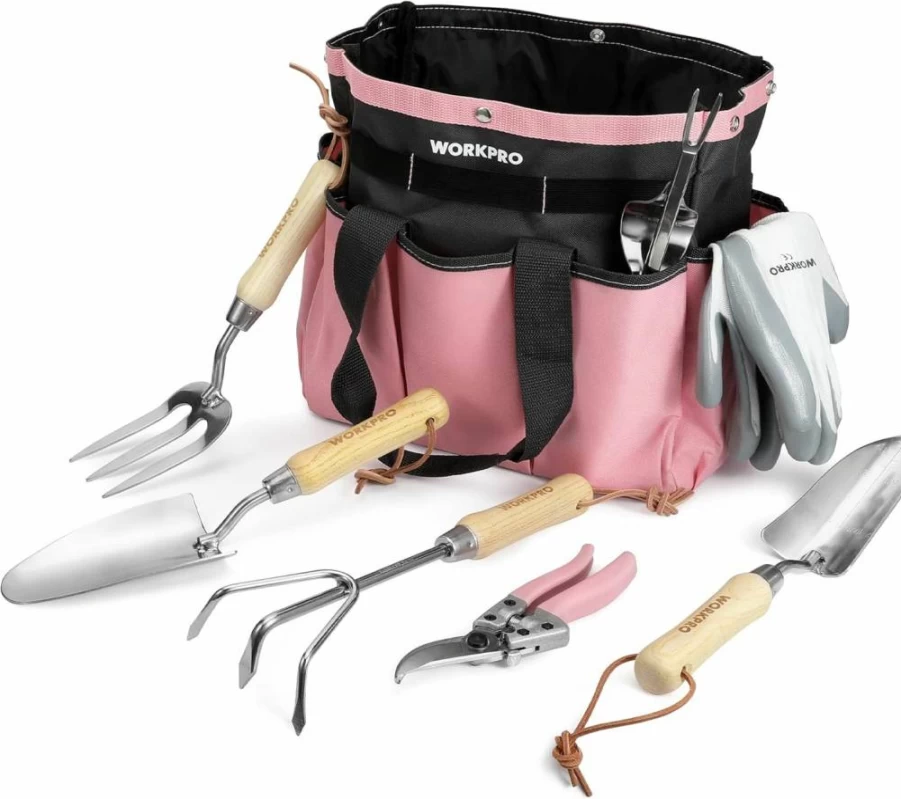 WORKPRO 8-Piece Pink Gardening Tool Set with Stainless Steel Tools, Wood Handle, Tote Bag & Gloves - Ideal Gift for Women Gardeners