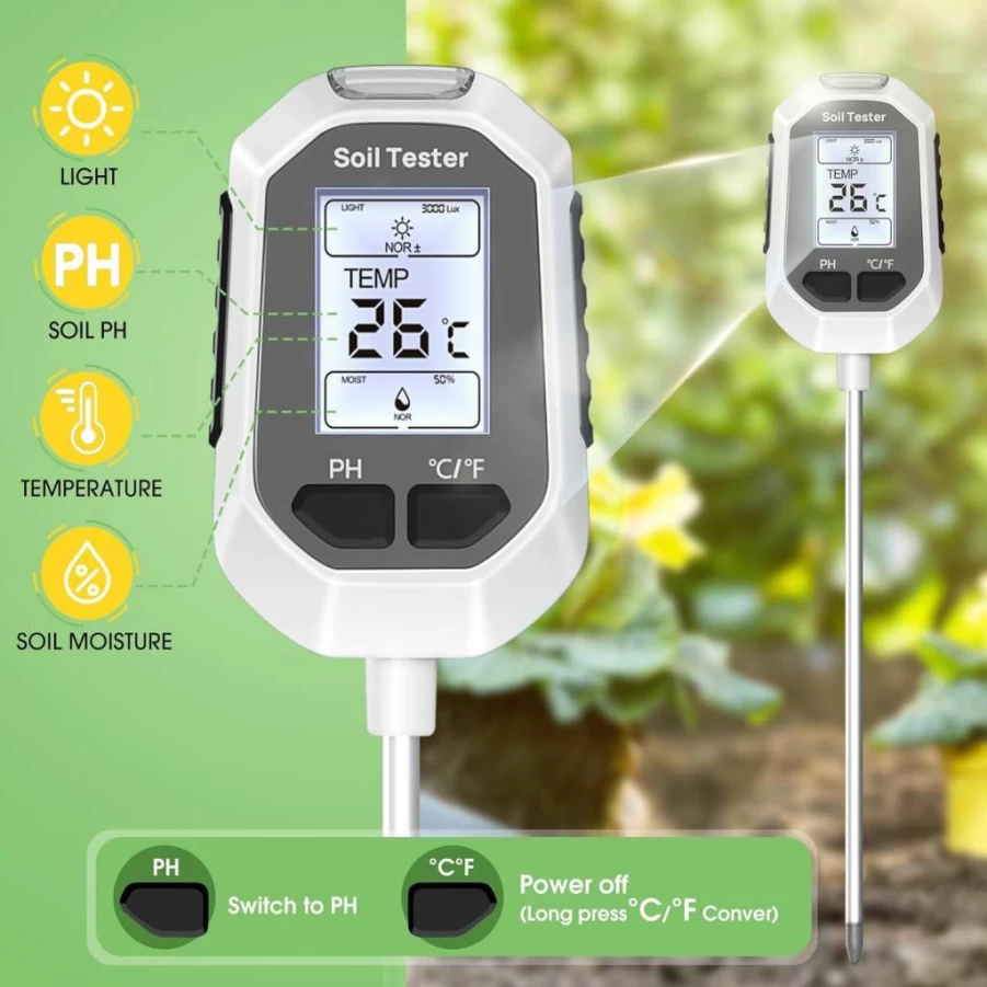 YAMRON 4-in-1 Digital Soil Test Meter - Moisture, pH, Temperature & Sunlight Tester with LCD Backlight for Gardening, Farming, Indoor and Outdoor Plants