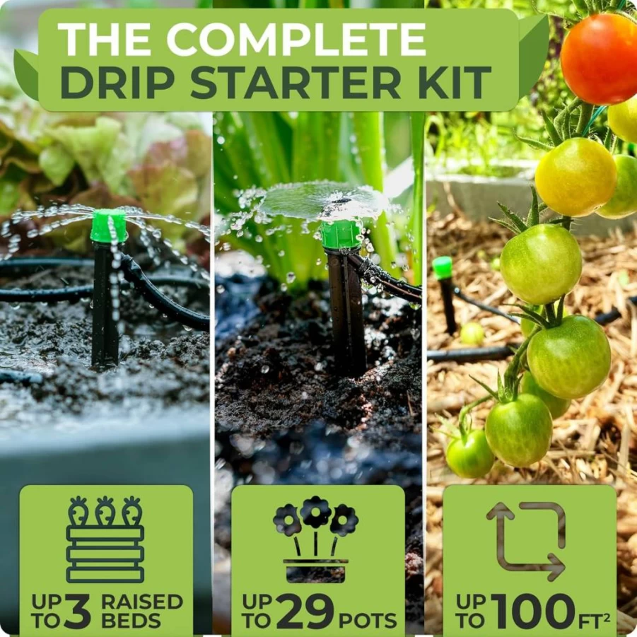 CARPATHEN Drip Irrigation Kit for Garden - Adjustable Watering System with Drip Emitters, 1/4" & 5/16" Tubing, Barbed Fittings for Raised Beds, Lawns, Plants